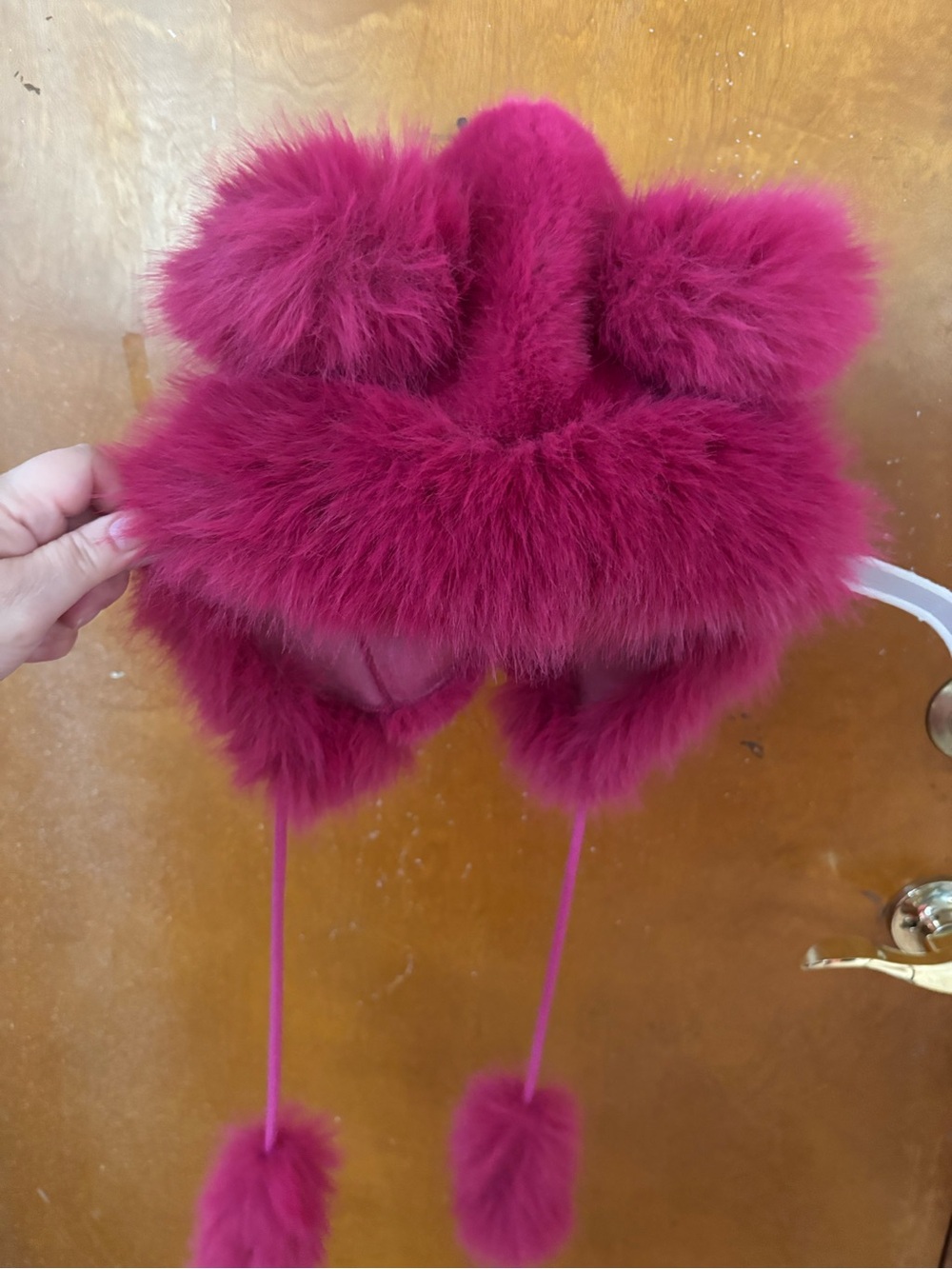Bright Pink Faux fur bear hat.